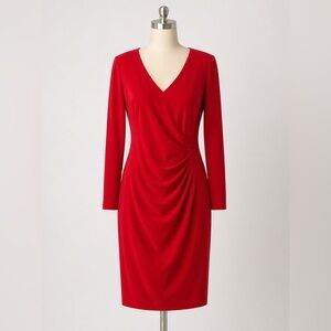 Lauren Ralph Lauren Red Ruched Sheath Dress Size 10 Elegant Stretch Midi